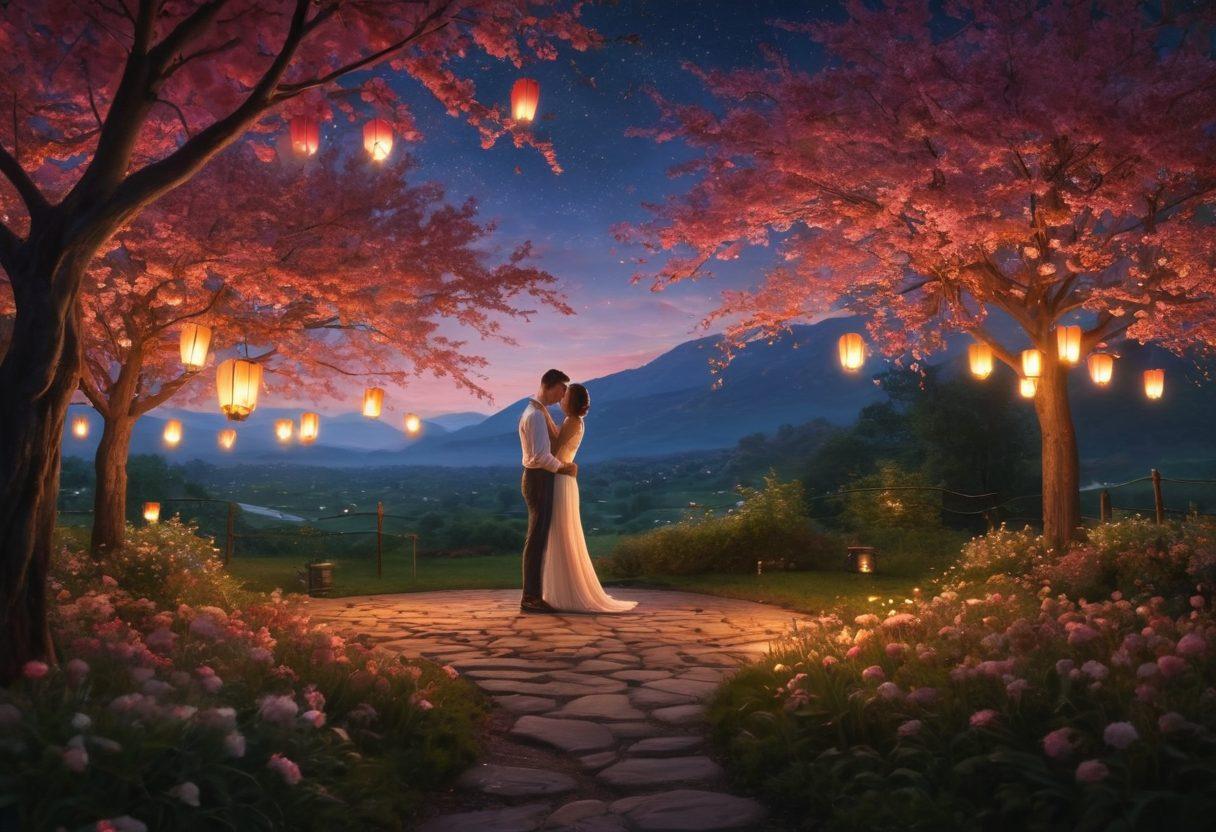 A romantic scene depicting a couple sharing a heartfelt moment under a starlit sky, surrounded by glowing heart-shaped lanterns, with soft blossoms and gentle candlelight enhancing the intimate atmosphere. The background features whispering willows and the silhouettes of distant mountains, evoking a sense of tranquility and love. super-realistic. vibrant colors. dreamy ambiance.