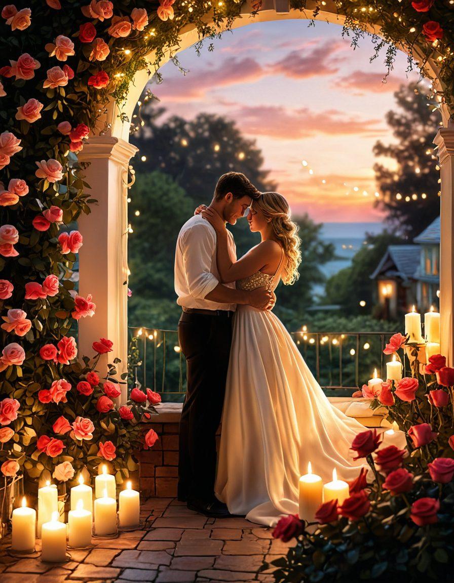 A cozy, candle-lit setting with a couple sharing a heartfelt embrace, surrounded by blooming roses and fairy lights. The background features a dreamy sunset, symbolizing warmth and connection. Soft glowing hearts float around them, adding a magical touch. The overall atmosphere should radiate love and intimacy. super-realistic. vibrant colors. soft focus.