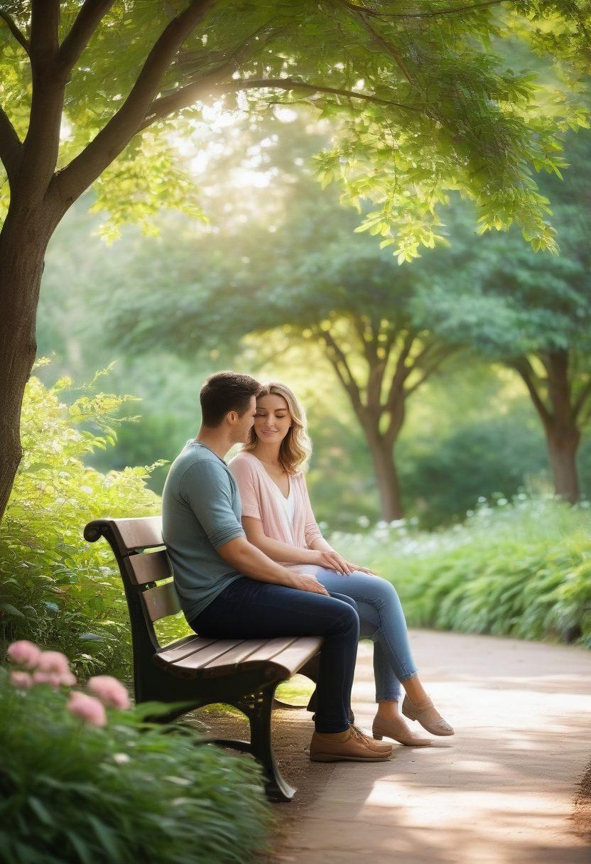 A warm, inviting scene depicting a couple sitting on a park bench, sharing a tender moment, with soft sunlight filtering through the trees. Surrounding them are vibrant flowers symbolizing growth and intimacy, while a gentle breeze rustles the leaves. The atmosphere evokes compassion and understanding, making it feel cozy and relatable. soft focus, pastel colors, natural light.
